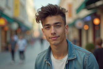 Jeune homme confiant avec une coupe mullet moderne en extérieur