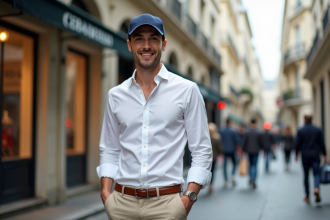 Jeune homme en style urbain à Paris avec chemise blanche et casquette