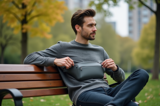 Jeune homme décontracté avec sac banane dans un parc urbain