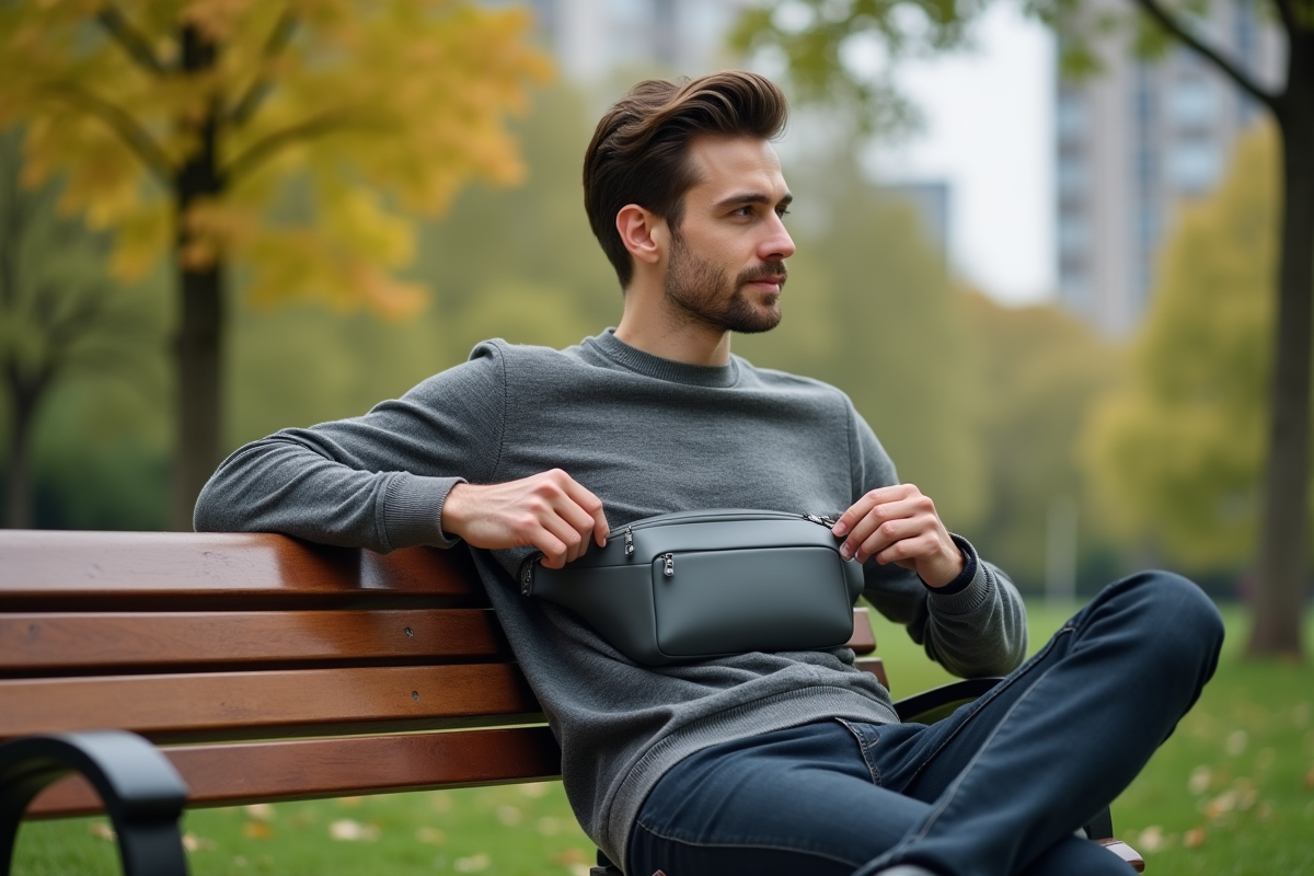 Jeune homme décontracté avec sac banane dans un parc urbain