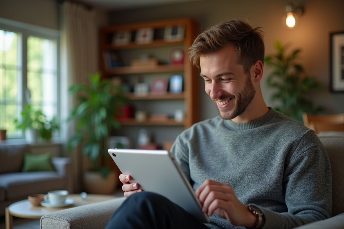 Jeune homme utilise une tablette pour tester des coiffures virtuelles dans un salon cosy
