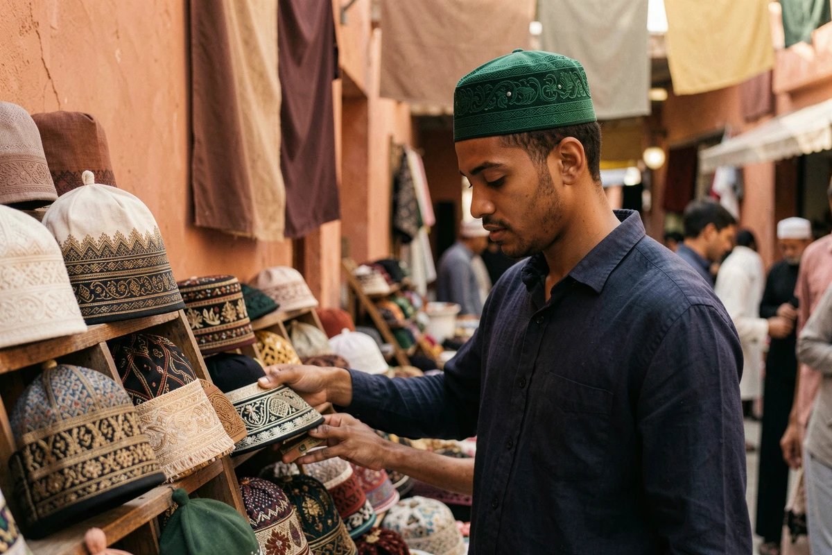 Jeune homme examinant des taqiyah brodées sur un marché traditionnel avec des étals colorés en arrière-plan