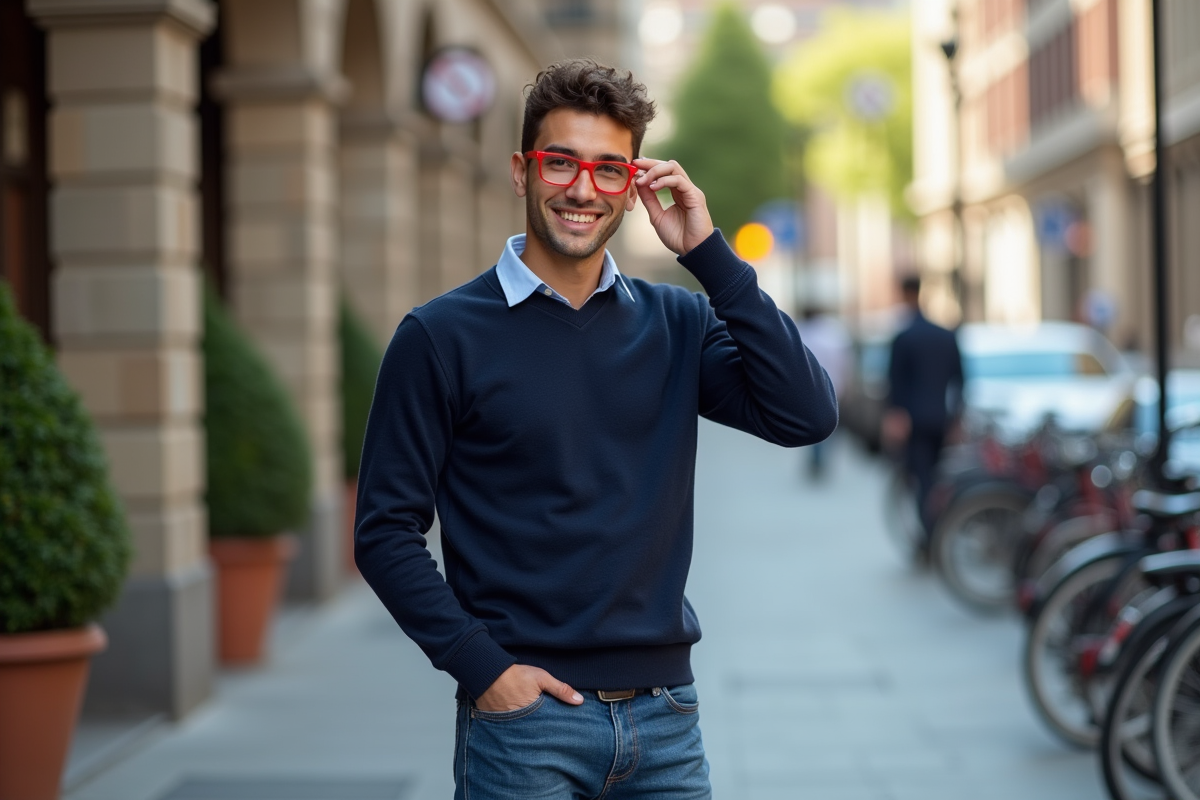 Jeune homme mettant des lunettes rouges dans une rue urbaine