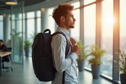 Jeune professionnel ajustant un sac ergonomique dans un bureau lumineux