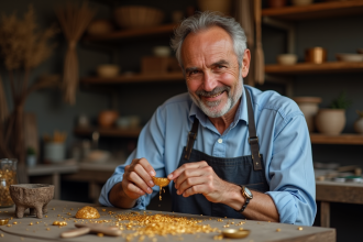 Joaillier expérimenté tenant une pièce en or feuille