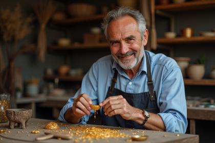 Joaillier expérimenté tenant une pièce en or feuille