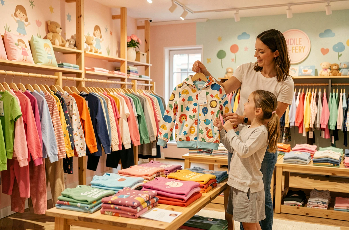 Boutique Kids Around Outlet à Bordeaux avec des vêtements colorés pour enfants et une cliente en train de choisir