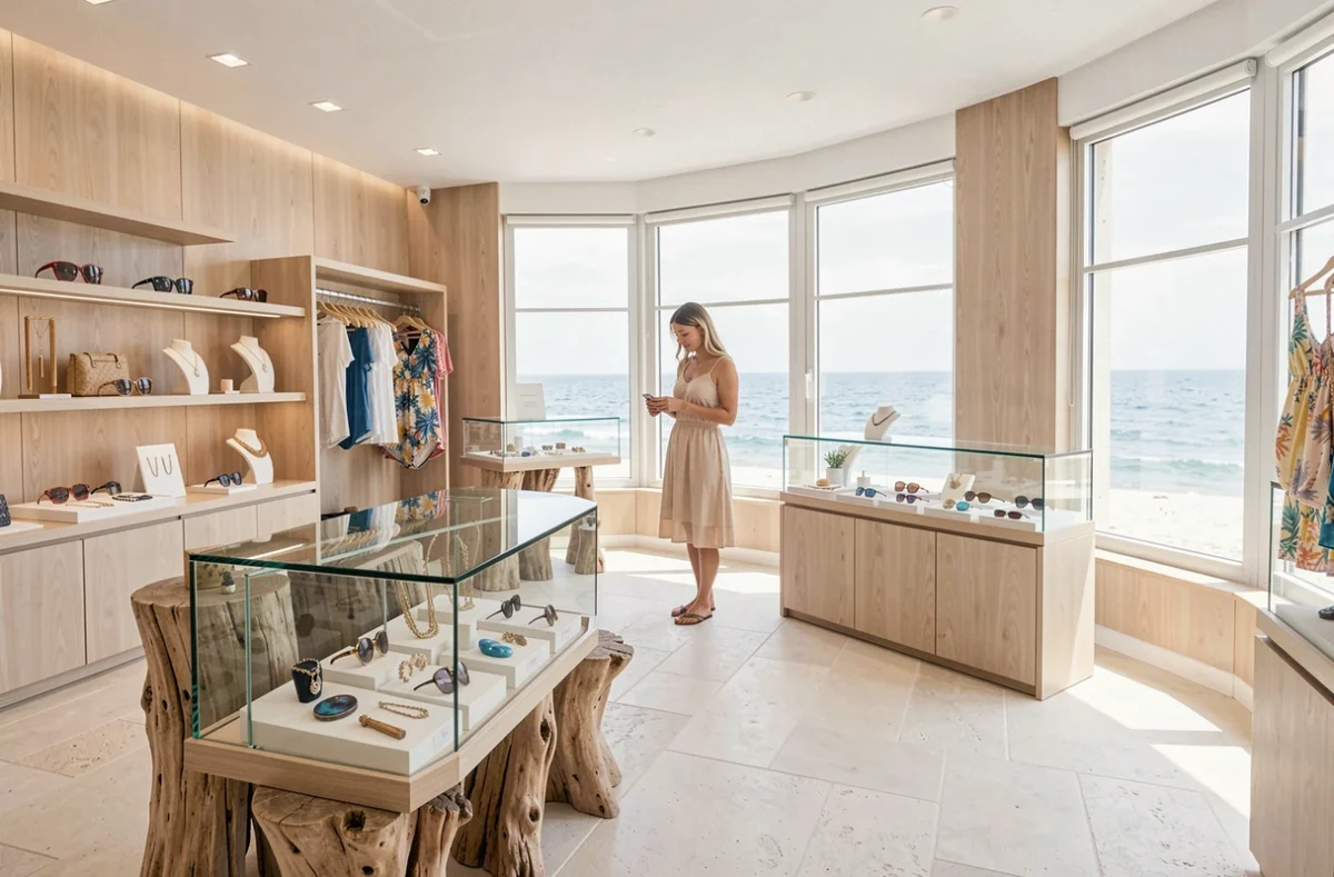 Intérieur du L.A. Concept Store à La Baule avec produits de lifestyle balnéaire haut de gamme et vue sur l'océan Atlantique