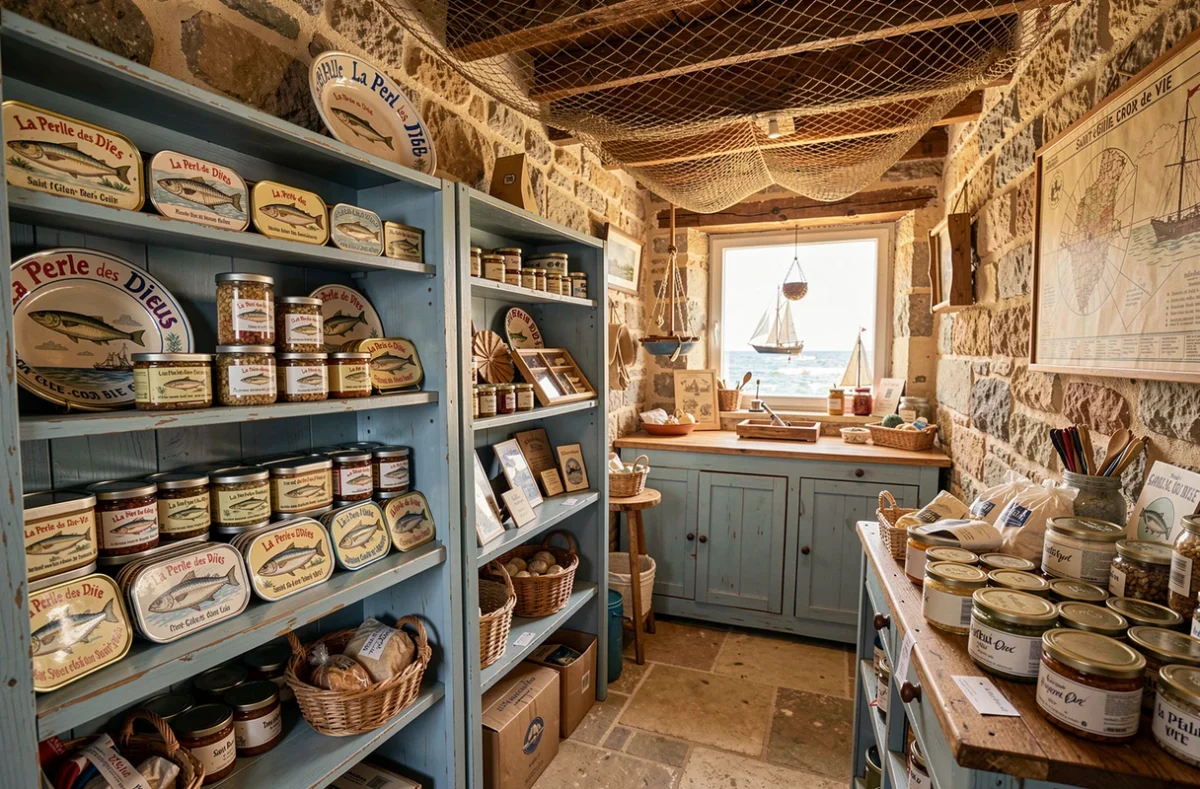 La Perle des Dieux à Saint-Gilles-Croix-de-Vie, atelier de la sardine avec boîtes illustrées vintage et produits artisanaux côtiers