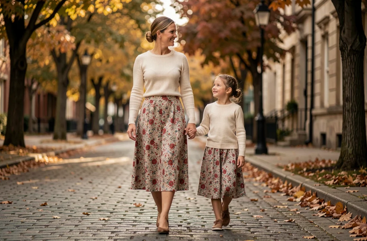 Duo mère fille en jupe fleurie et pull crème coordonnés marchant sur une rue pavée en automne