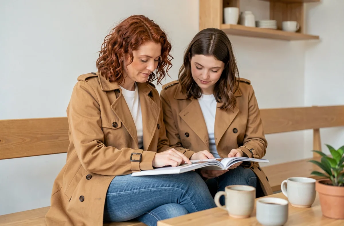 Mère et fille en trench coat camel coordonné assisses dans un café scandinave au style minimaliste