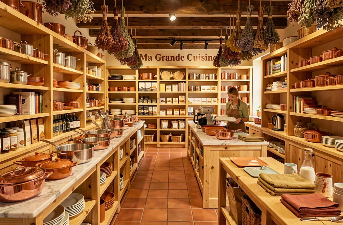 Intérieur de Ma Grande Cuisine à Machecoul, concept store culinaire avec ustensiles professionnels, céramiques artisanales et produits gastronomiques