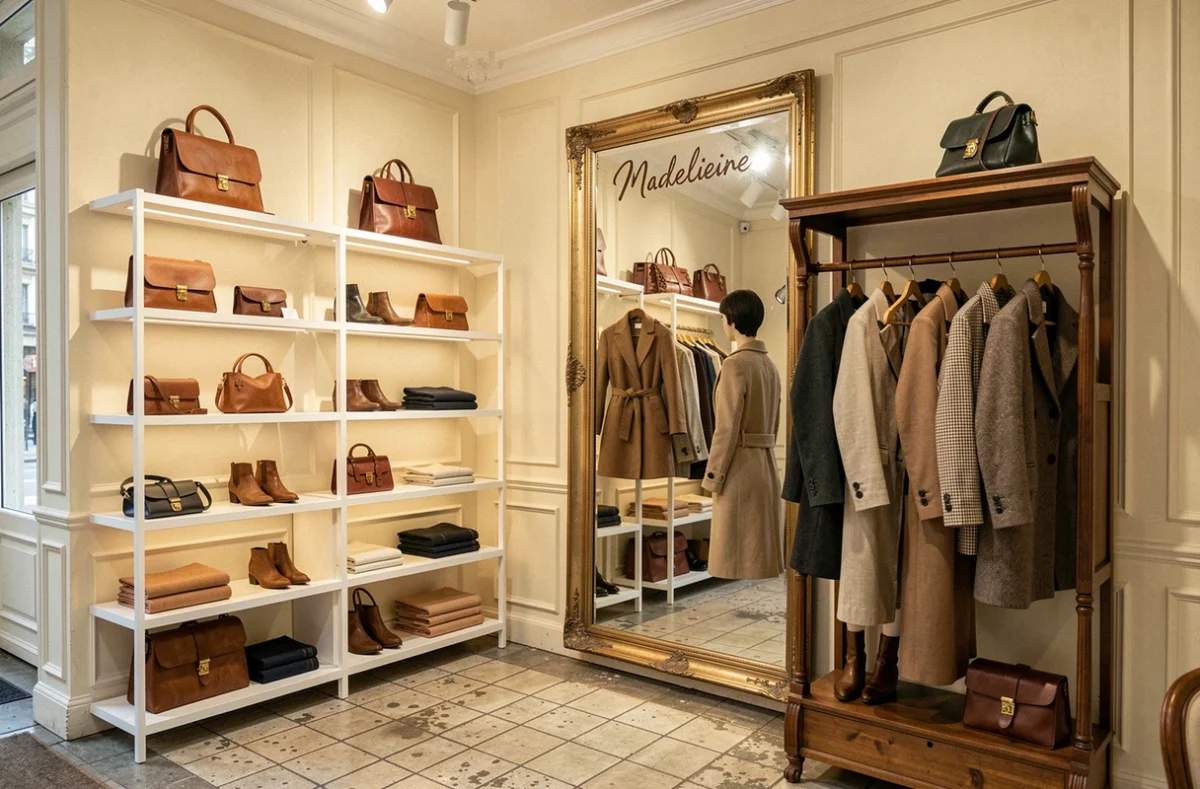 Intérieur du concept store Madeleine Store à Angers avec sélection mode et accessoires français sur des étagères vintages