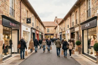 Vue panoramique d'un village outlet en Gironde avec des boutiques de marques et des clients faisant leurs achats