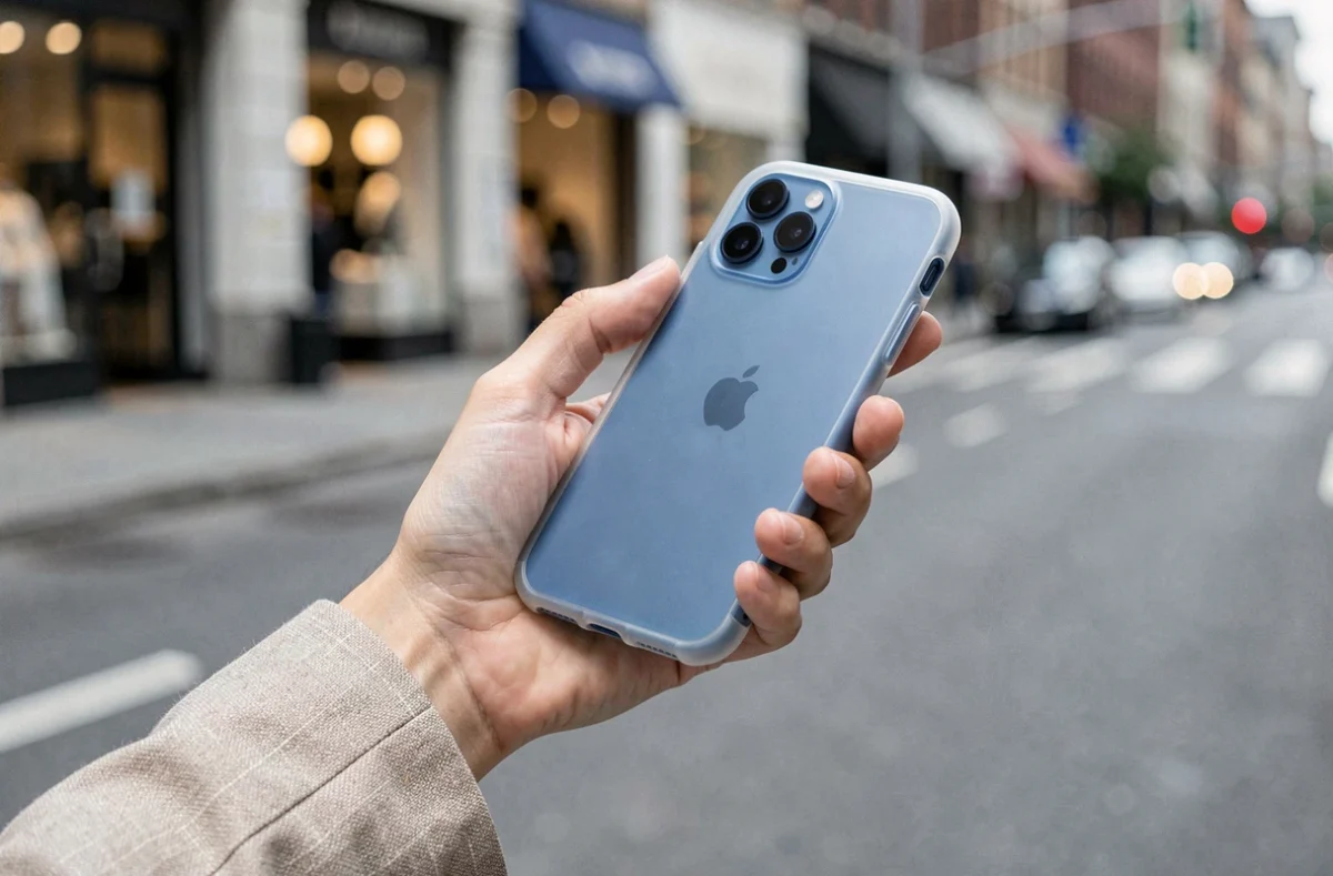 Main de femme tenant un iPhone 14 Plus avec coque transparente givrée en milieu urbain