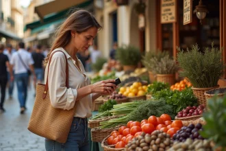 Femme faisant ses courses au marché en plein air de Noailles à Marseille, entourée d'épices, d'herbes fraîches et de légumes colorés
