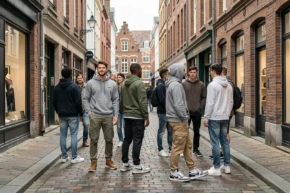 Jeunes adultes en tenue streetwear dans une rue commerçante du Nord de la France avec boutiques en arrière-plan