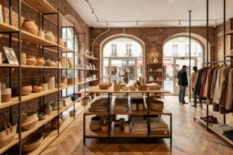 Intérieur d'un concept store moderne dans les Pays de la Loire avec des objets de design, vêtements et produits artisanaux sur des étagères en bois