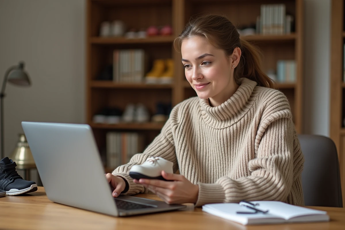 Mère consultant un convertisseur de pointures en ligne sur son ordinateur portable avec une chaussure enfant à la main