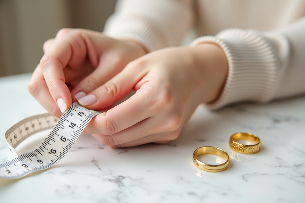 Main délicate mesurant un doigt avec un ruban en tissu blanc