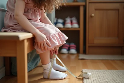 Femme mesurant le pied d'une petite fille assise sur un banc en bois pour choisir la bonne pointure de chaussure