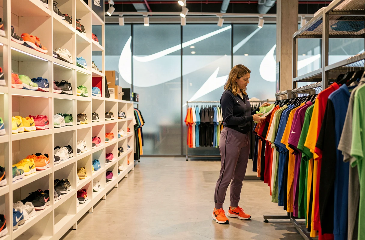 Intérieur d'un Nike Factory Store avec des rangées de chaussures de sport et des vêtements de marque en promotion