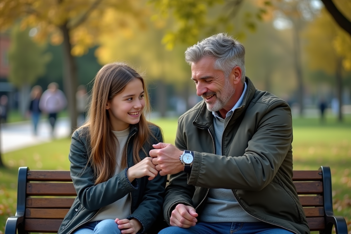 Père et fille regardant des montres sur un banc dans un parc