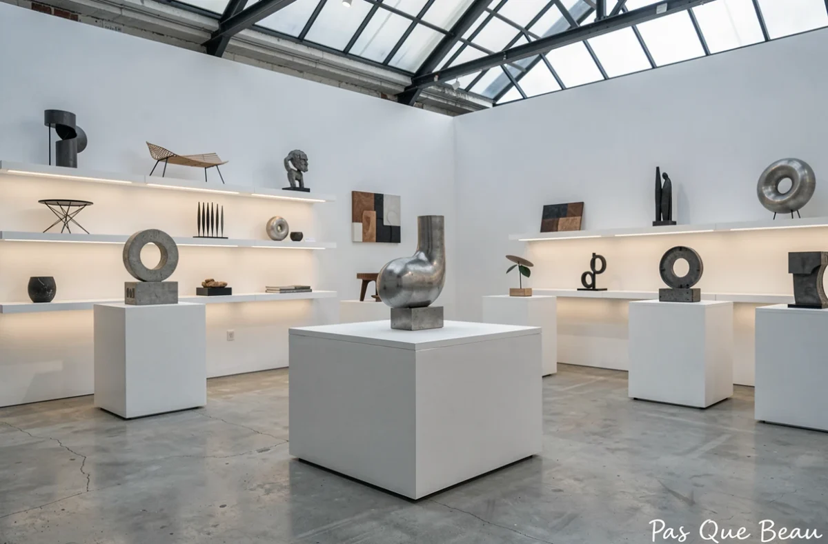 Concept store design Pas Que Beau à Saint-Nazaire présentant des objets design primés sur des socles minimalistes dans un espace style galerie