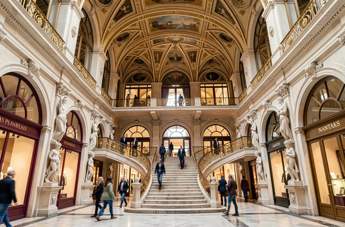 Passage Pommeraye à Nantes, galerie marchande historique du XIXe siècle avec ses escaliers ornés, niveaux galeries et boutiques sous verrière