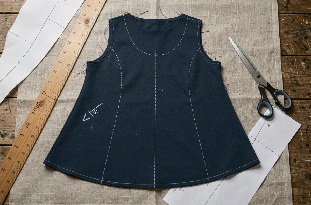 Vue de dessus d'un patron de robe trapèze en cours de découpe sur une table de coupe en lin avec accessoires de couture