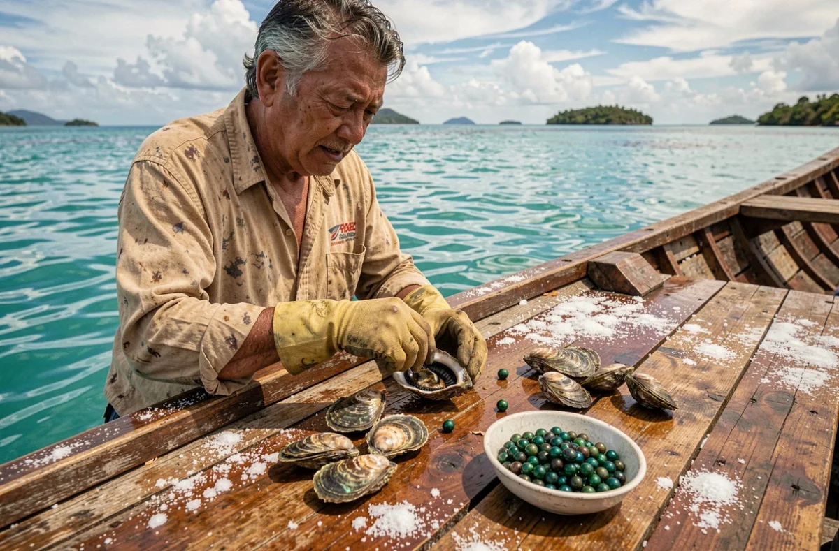 Pêcheur polynésien ouvrant une huître à lèvres noires sur un bateau en bois dans le lagon de Tahiti avec des perles récoltées