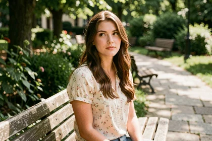 Jeune femme en tenue vintage assise sur un banc de parc, évoquant des photos de jeunesse dans une atmosphère nostalgique européenne