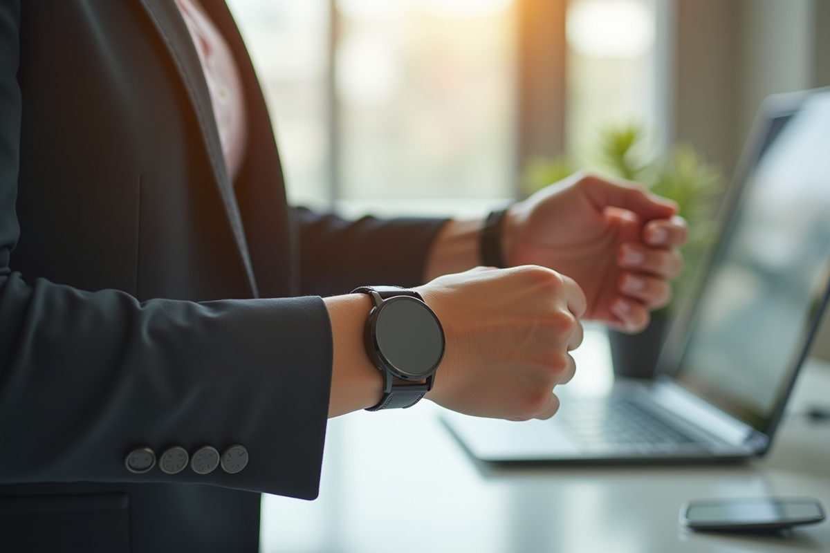 Main de femme ajustant sa montre dans un bureau lumineux