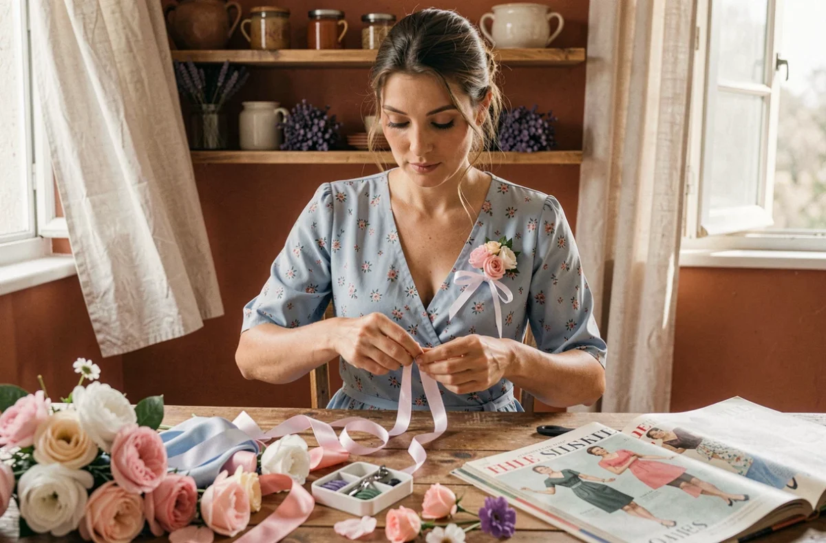 Femme préparant son déguisement guinguette fait maison avec des rubans et fleurs en tissu sur une table en bois