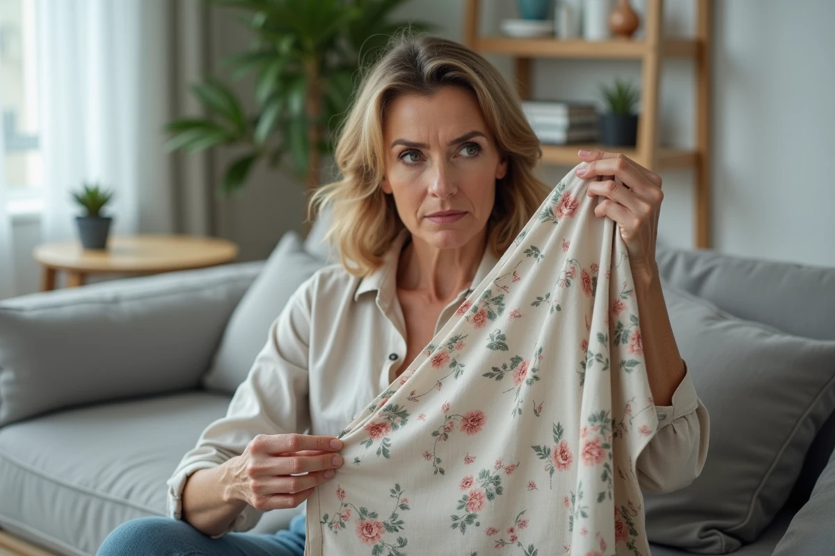 Femme examinant de près un défaut de couture sur un vêtement reçu d'une boutique en ligne, assise dans un salon moderne