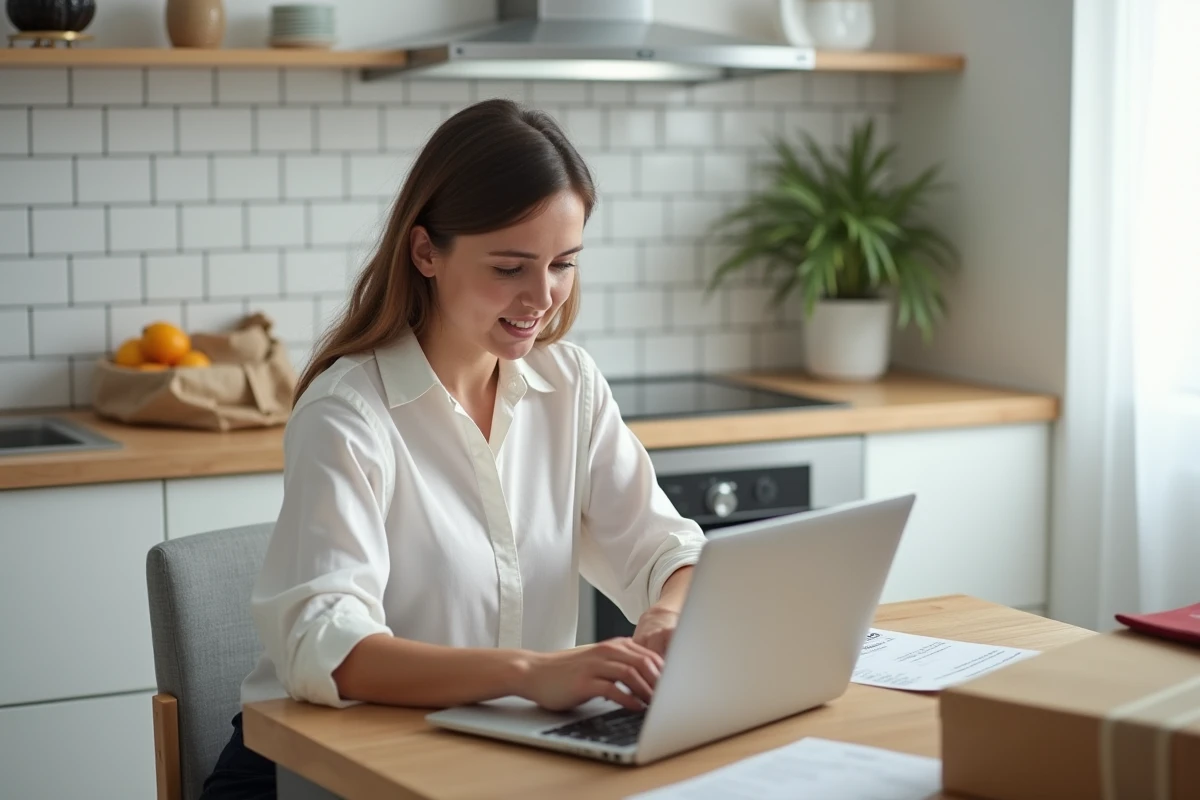 Femme remplissant un formulaire de retour en ligne pour un vêtement de boutique, avec étiquette d'expédition et colis prêt à renvoyer sur une table de cuisine