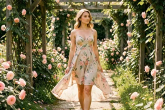 Jeune femme portant une robe fleurie pastel dans un jardin botanique en été, composition trois quarts avec flou de fond naturel