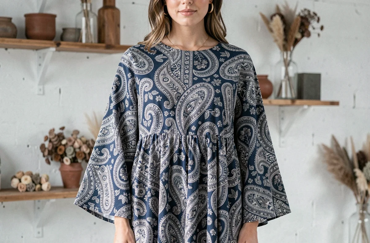Femme portant une robe bohème à imprimé paisley trop ample sans ceinture ni taille définie, illustrant les erreurs de style qui gâchent la silhouette dans la mode hippie