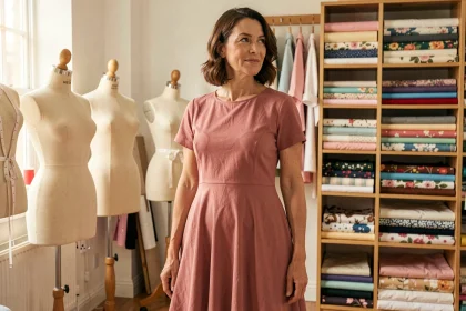 Femme portant une robe trapèze cousue main en coton rose poudré dans un atelier de couture, entourée de mannequins et de tissus