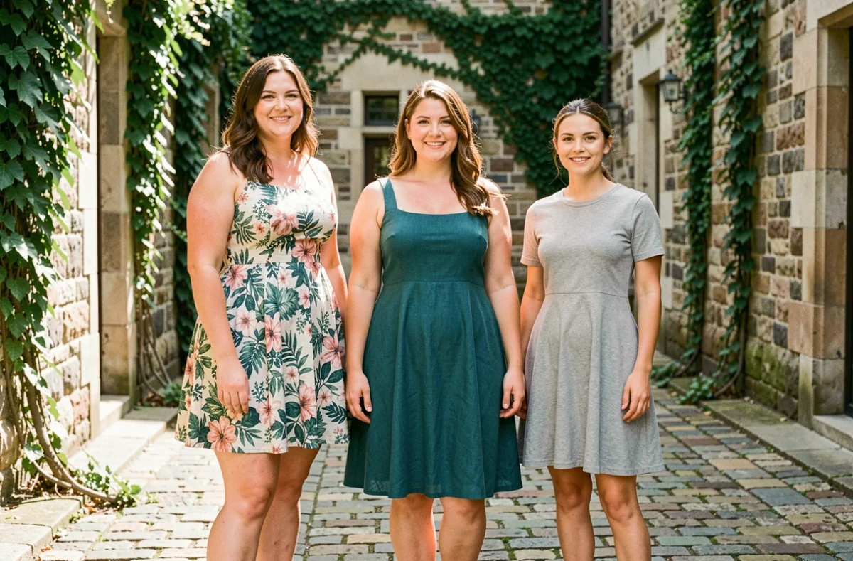 Trois femmes aux morphologies différentes portant des robes trapèze dans différents tissus dans une cour intérieure en pierre