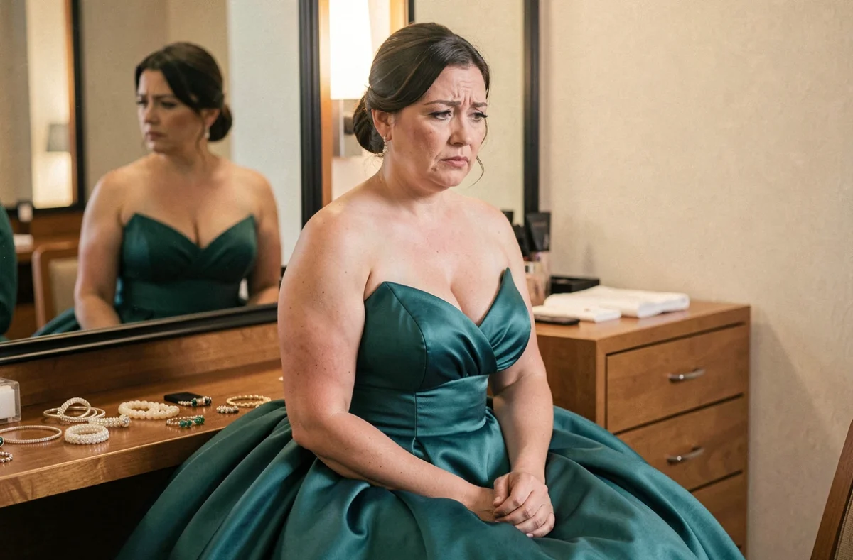 Femme en robe verte de cérémonie mal ajustée dans une loge d'hôtel illustrant les erreurs de coupe et de taille