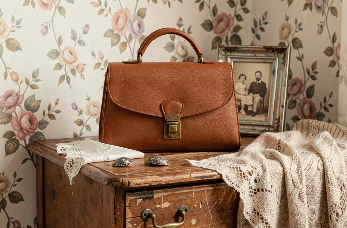 Sac à main en cuir français cognac posé sur une commode ancienne avec des objets souvenirs familiaux évoquant l'héritage