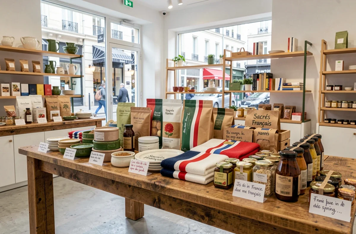 Boutique Sacrés Français à Nantes exposant des produits fabriqués en France incluant céramiques, cosmétiques et textiles
