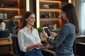 Femme souriante dans un salon de coiffure moderne