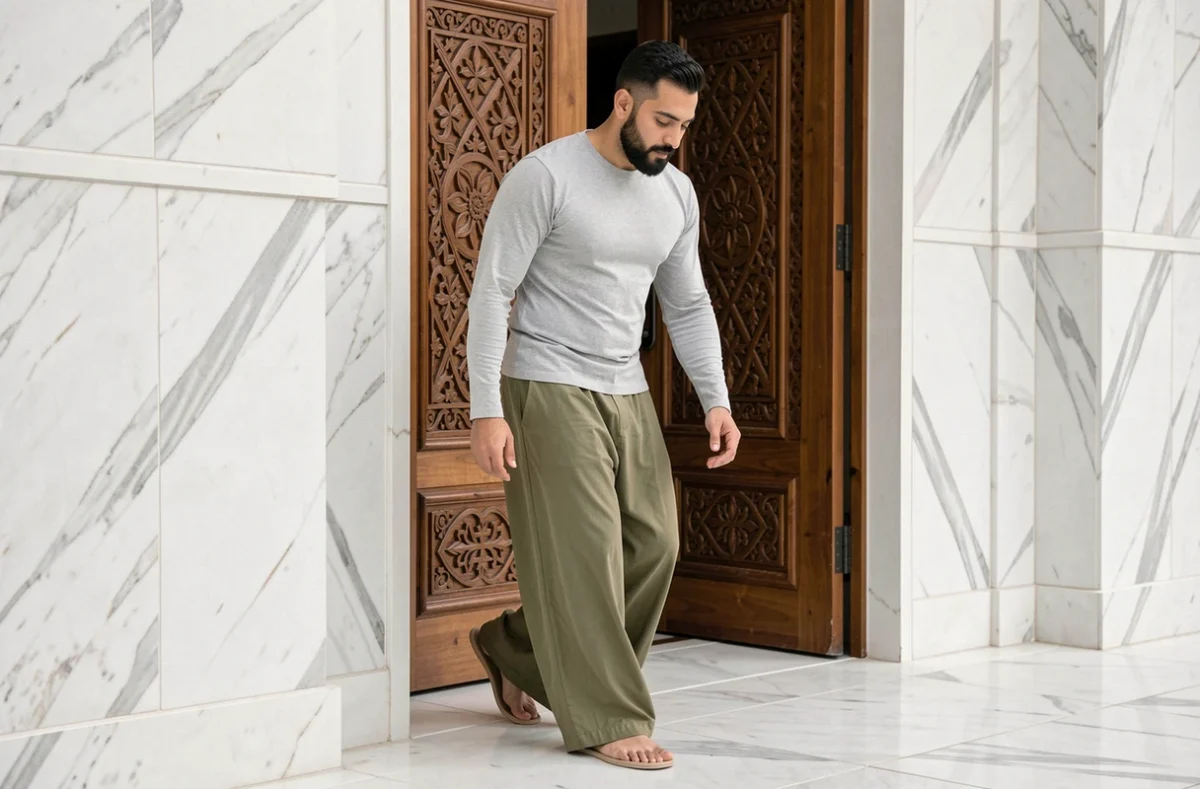 Homme portant un sarouel jogging vert olive à l'entrée d'une mosquée au sol en marbre blanc