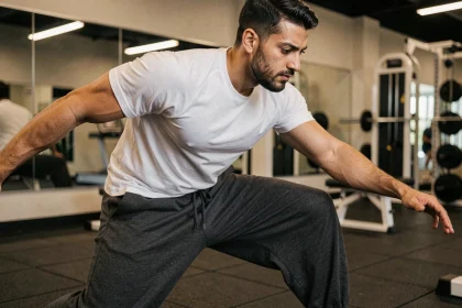 Homme en sarouel jogging gris anthracite pratiquant des étirements dans une salle de sport moderne