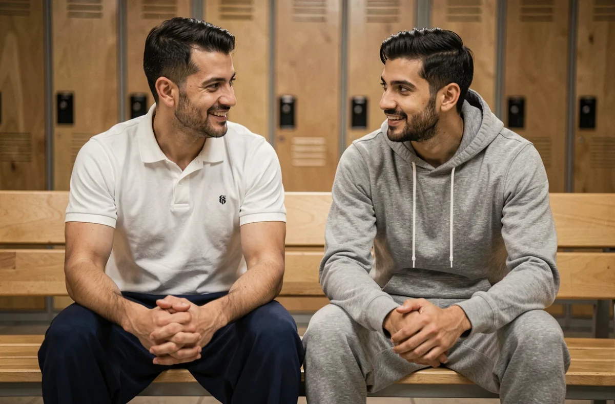 Deux hommes en sarouel jogging discutant dans un vestiaire après une séance de sport