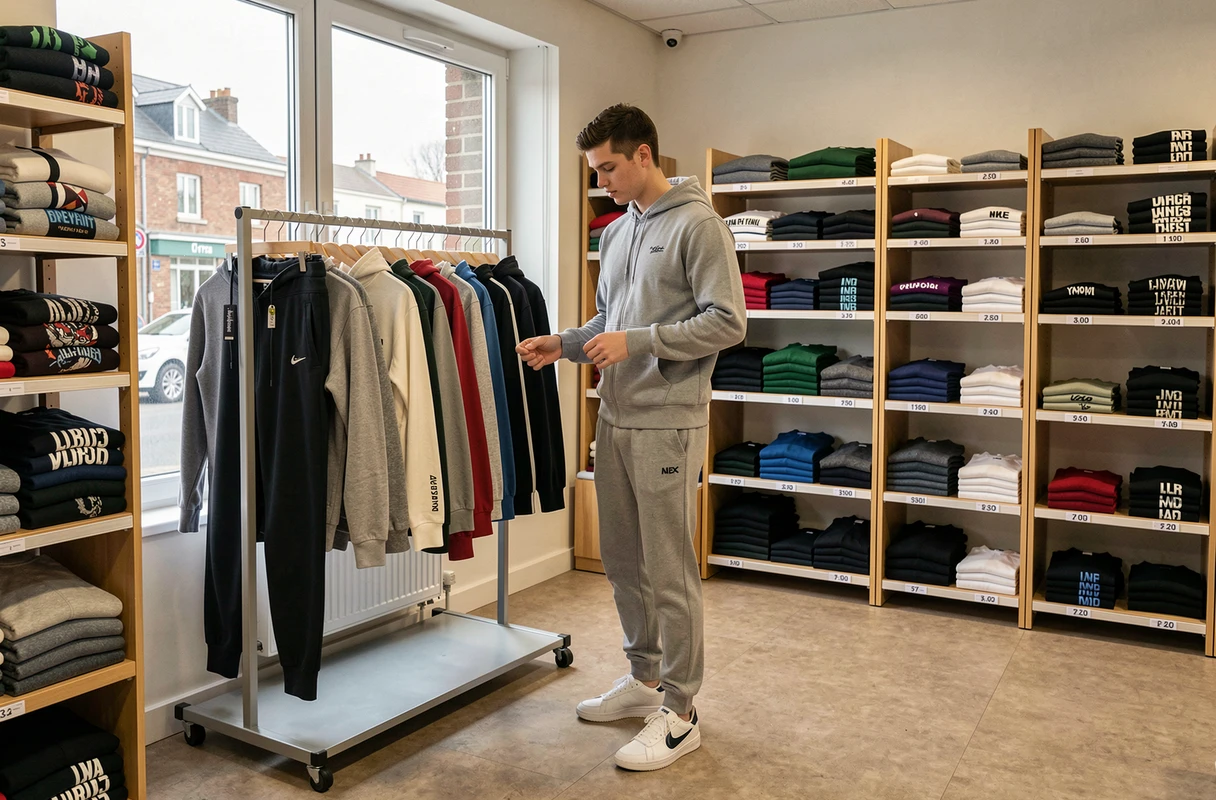 Boutique Sport 2000 à Armentières avec rayon streetwear accessible et client en survêtement parcourant les hoodies et joggers