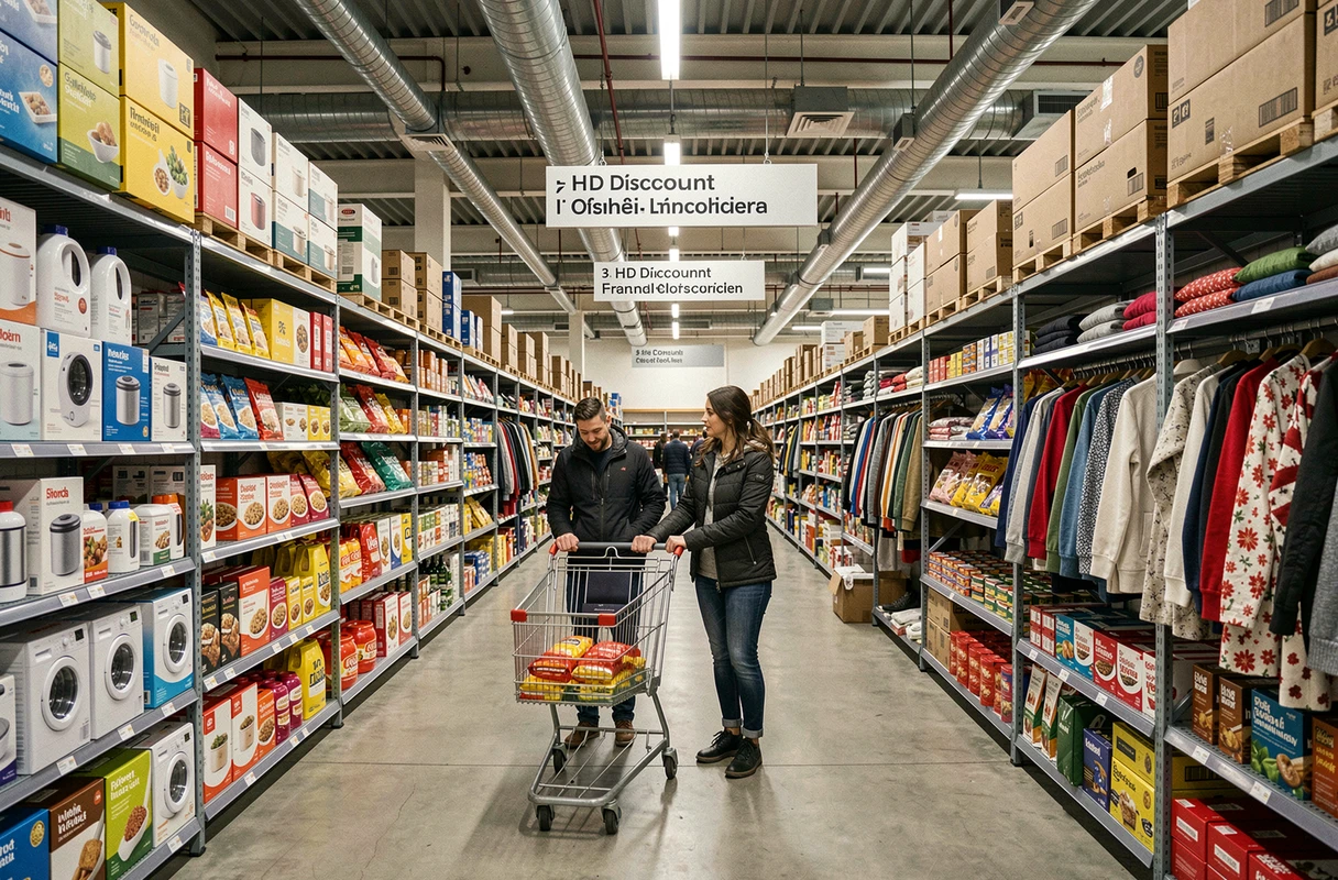Intérieur d'un magasin Stokomani avec de larges allées remplies de produits déstockés à petits prix