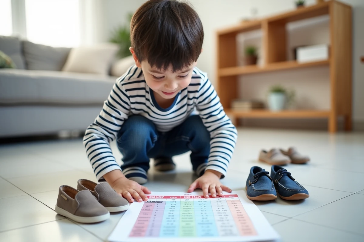 Garçon agenouillé devant un tableau de conversion de pointures et plusieurs paires de chaussures enfant sur le sol